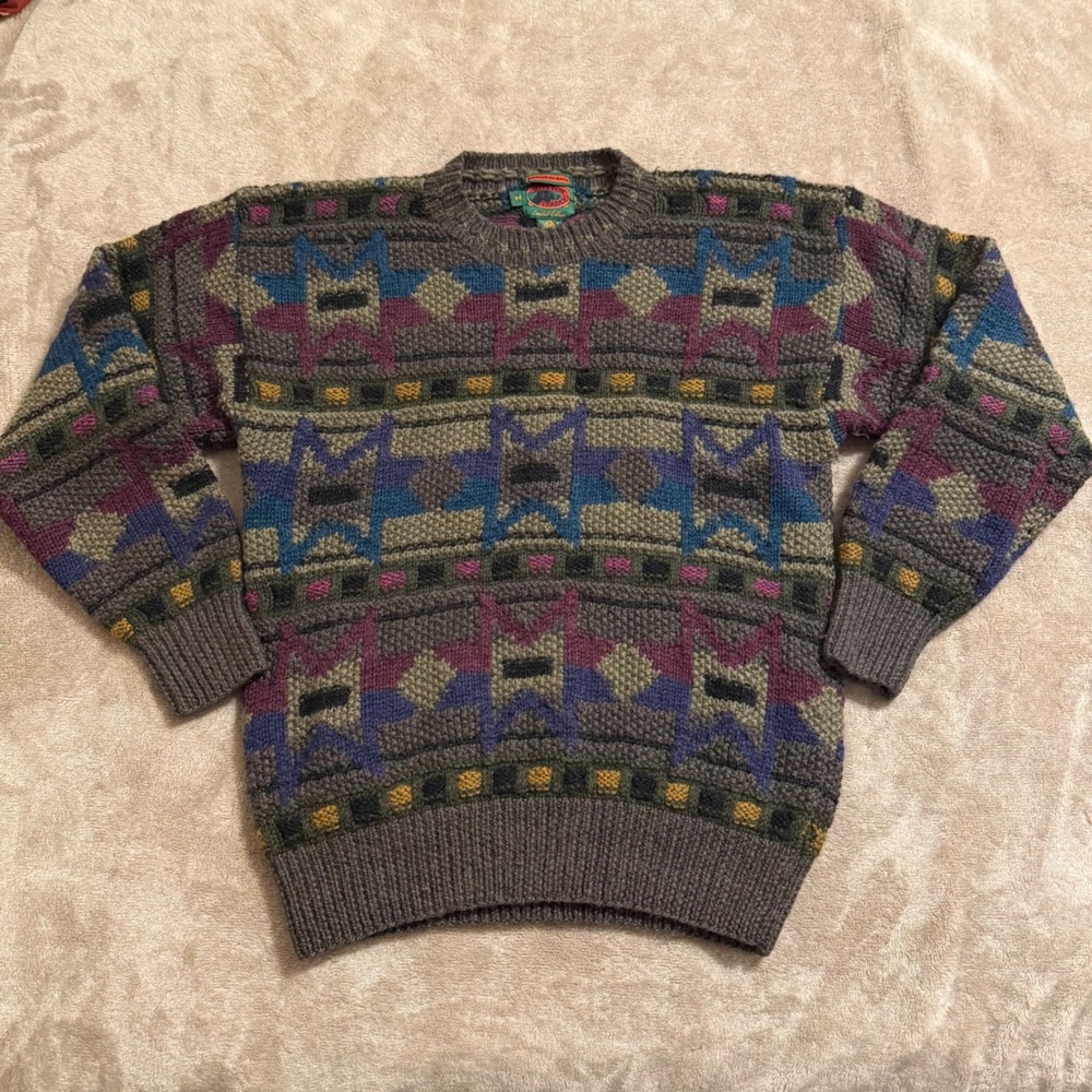Vintage Boston Traders Hand Knitted Wool Sweater Geometric Tribal Mens Medium